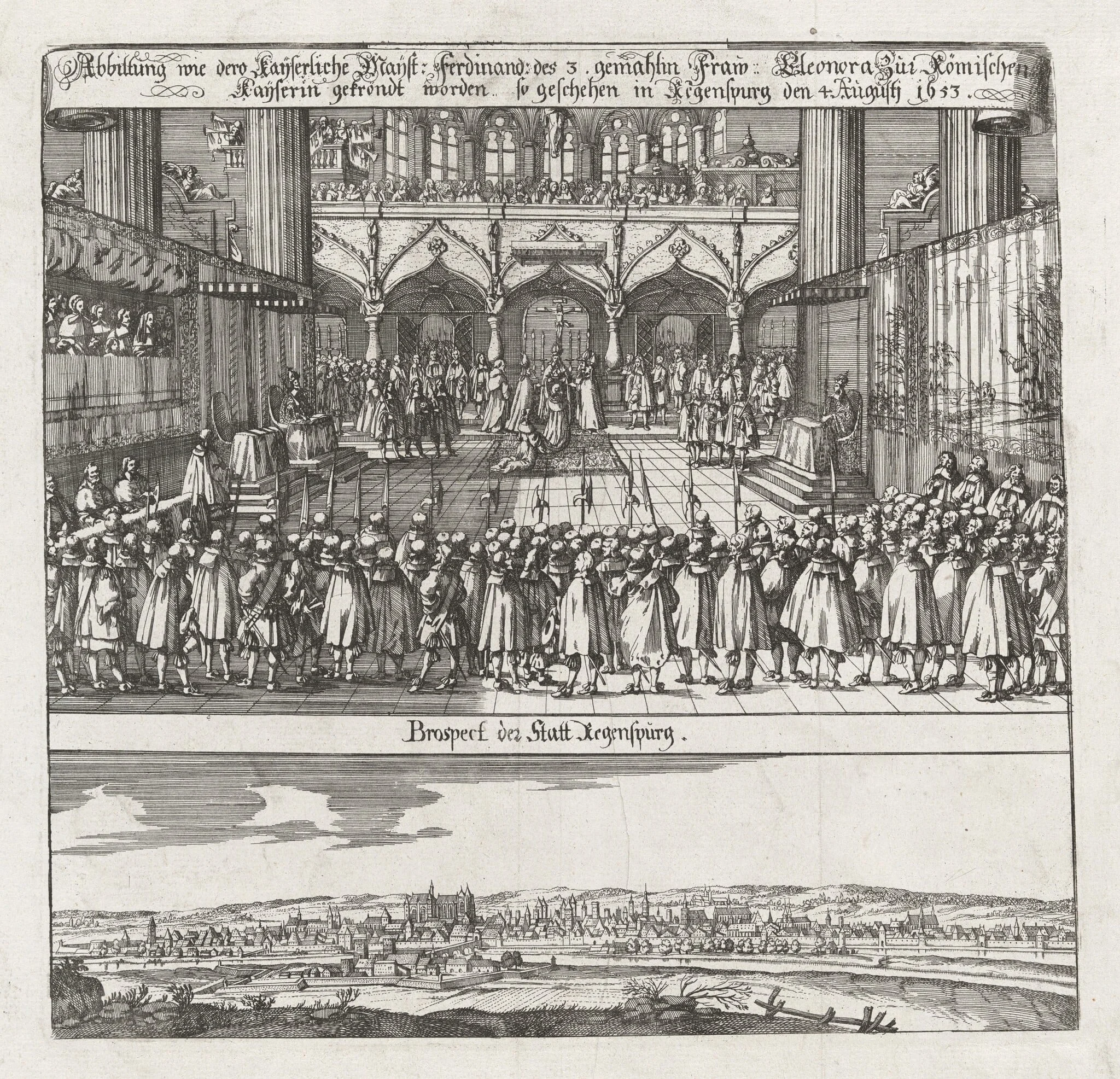 Krönung von Eleonora von Gonzaga, Gemahlin Kaiser Ferdinands III., zur Römisch-Deutschen Kaiserin ; Ansicht von Regensburg (Coronation of Eleonora von Gonzaga, wife of Emperor Ferdinand II, as Empress, with a View of Regensburg), detail