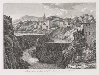 Rovine cagionate in Tivoli, dall'escrescenza dell'Aniene (Tivoli Damaged by the Flood of the River Aniene), by Johann Christian Reinhart, ink, 1826