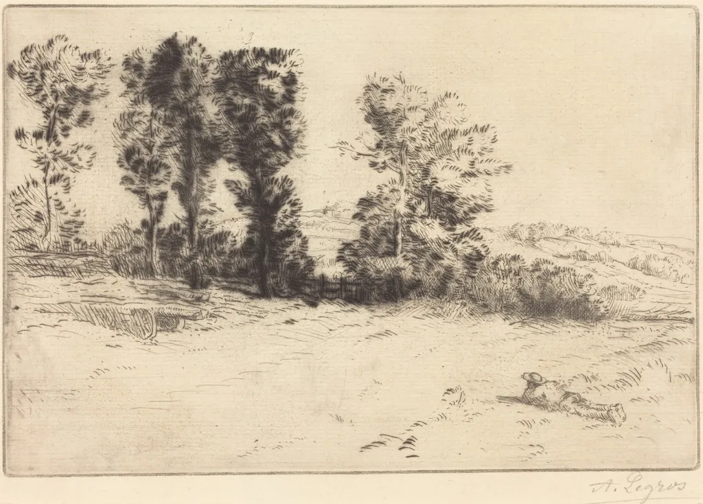 Meadow in Sunshine (Le pre ensoleille), by Alphonse Legros, ink, 1874