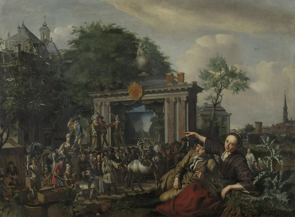 Theatrical performance in the open air, by Matthijs Naiveu, oil, 1692