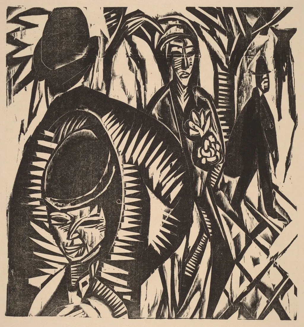 Street Scene after the Rain (Straßenszene, Nach dem Regen), by Ernst Ludwig Kirchner, ink, 1914