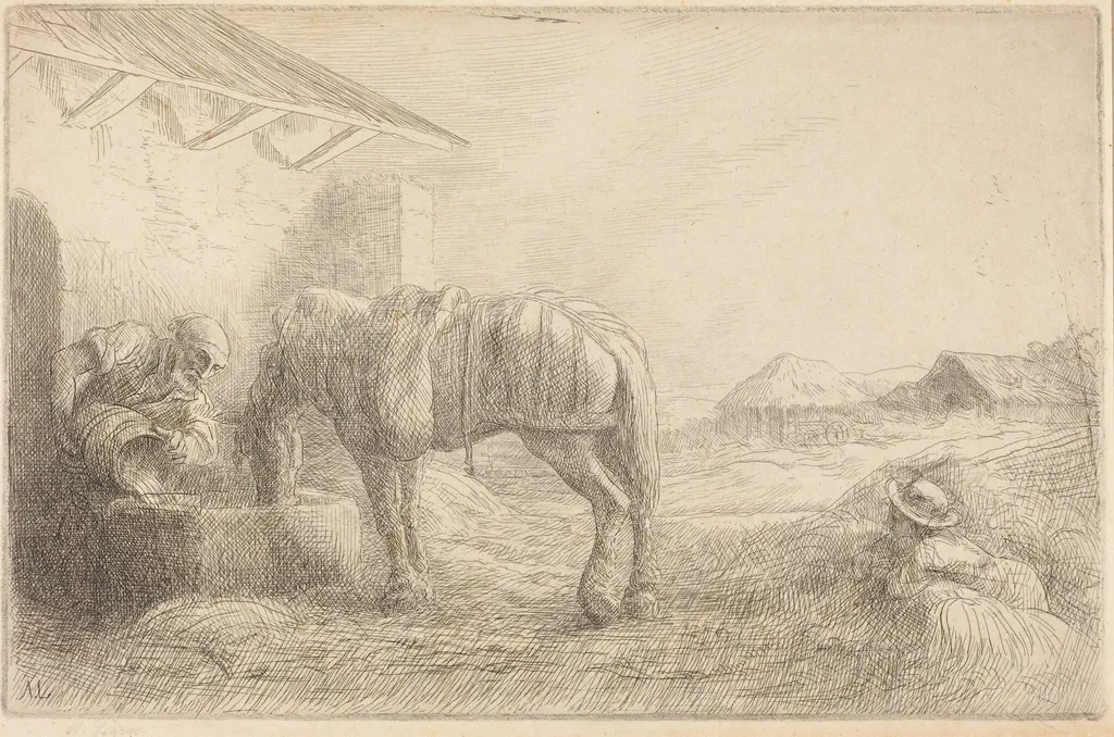 Man Watering a Horse (Homme abreuvant un cheval), by Alphonse Legros, ink, 1874