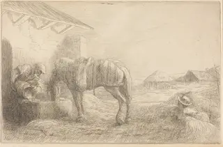 Man Watering a Horse (Homme abreuvant un cheval), by Alphonse Legros, ink, 1874