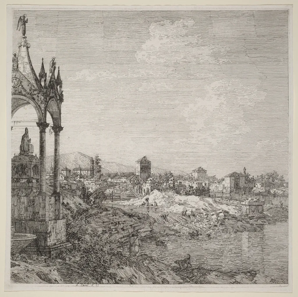 View of a Town with a Bishop's Tomb, by Canaletto, ink, 1740