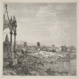 View of a Town with a Bishop's Tomb, by Canaletto, ink, 1740