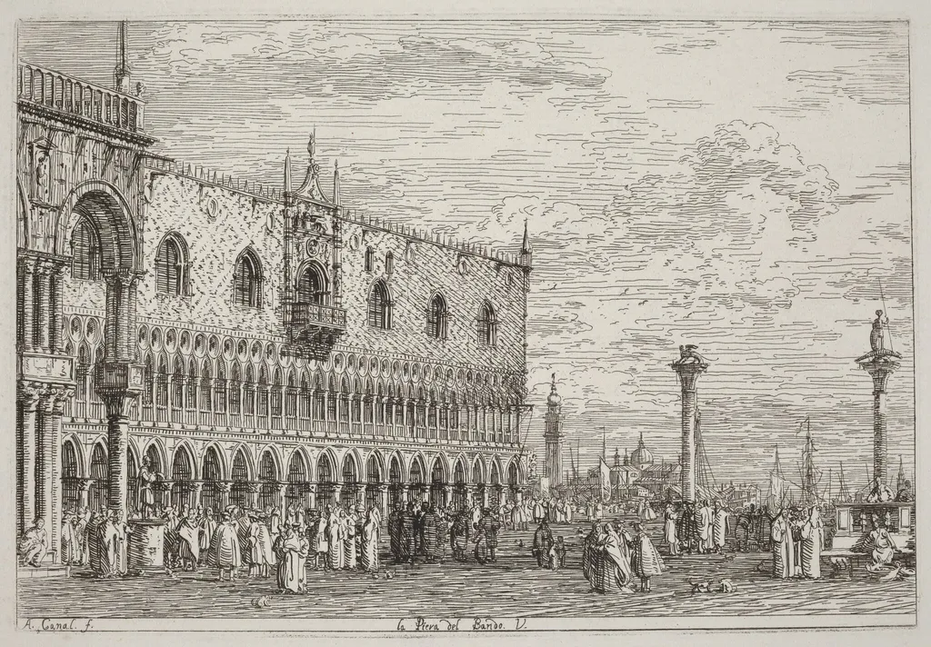 La Piera del Bando. V. [lower right], by Canaletto, ink, 1740