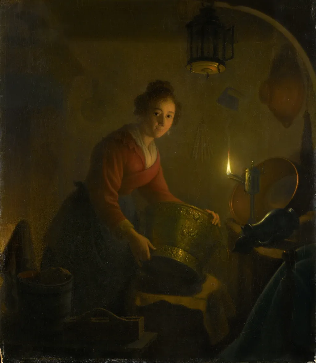 A Woman in a Kitchen by Candlelight, by Michiel Versteegh, oil, 1830