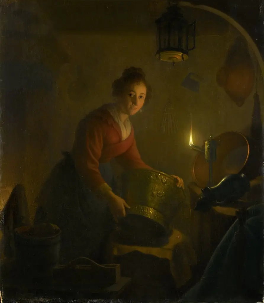 A Woman in a Kitchen by Candlelight, by Michiel Versteegh, oil, 1830