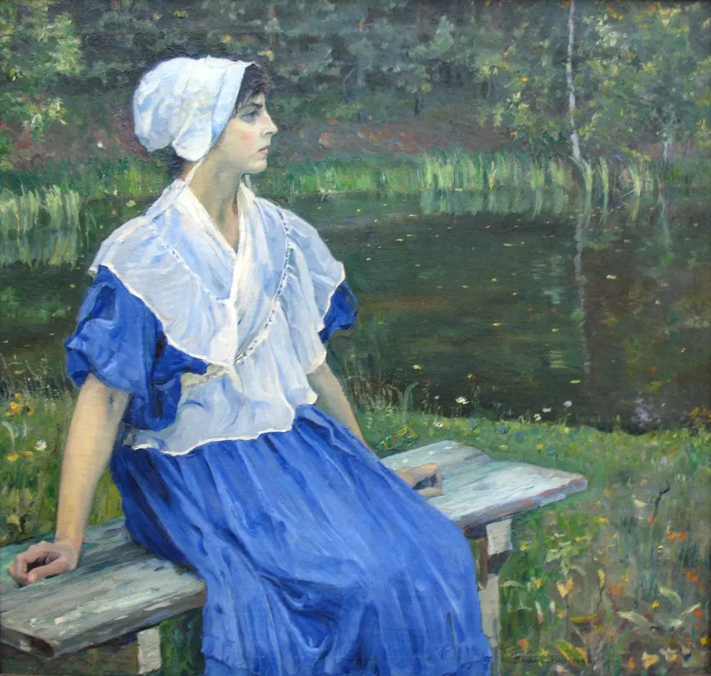 Girl by the pond (Portrait of N.M. Nesterova), 1923, by Mikhail Nesterov, unspecified, 1923