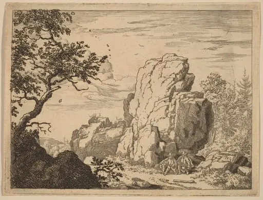 Two Men Seated at the Foot of a High Rock, by Allart van Everdingen, ink, 1650