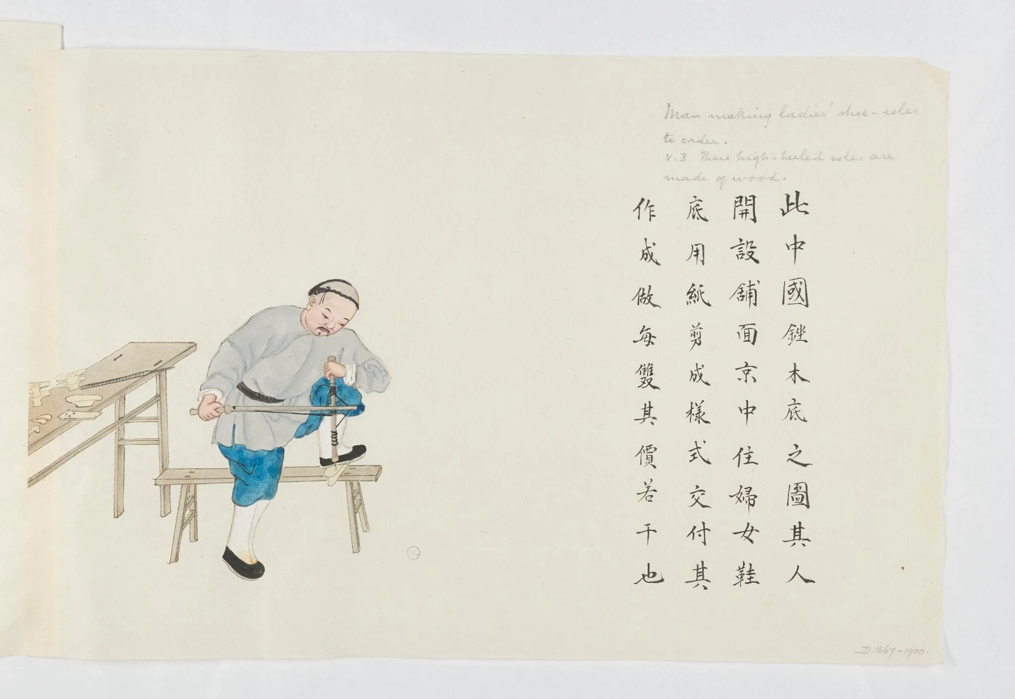 Man Making Shoe-soles to Order, detail
