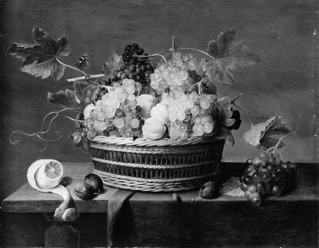 Still Life: A Basket of Grapes and Other Fruit, by Jacob van Hulsdonck, oil, 1640