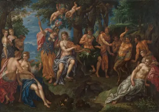 The Contest between Apollo and Pan, by Hendrick de Clerck, unspecified, 1600
