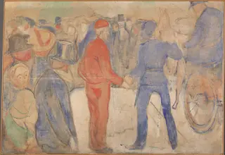 People Gathering around a Man in Red, by Edvard Munch, tempera, 1909