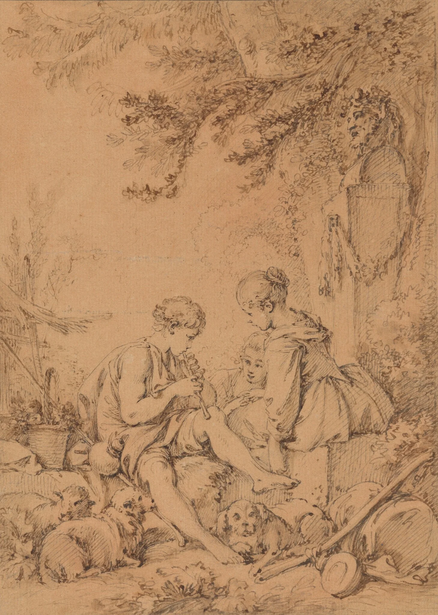 A Young Shepherd Playing a Pipe for Two Young Shepherdesses, detail