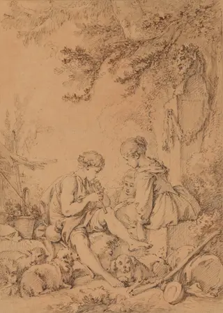 A Young Shepherd Playing a Pipe for Two Young Shepherdesses, by François Boucher, chalk, 1750