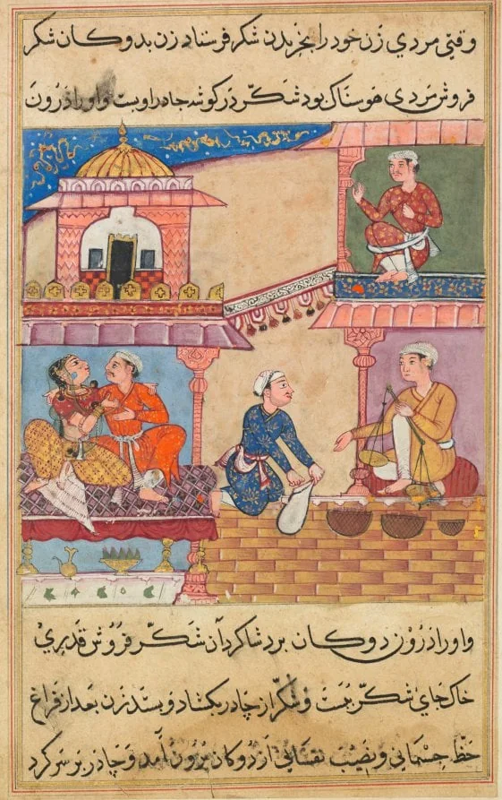 The merchant’s clerk replaces the sugar purchased by the philandering wife with gravel, from a Tuti-nama (Tales of a Parrot): Eighth Night, detail