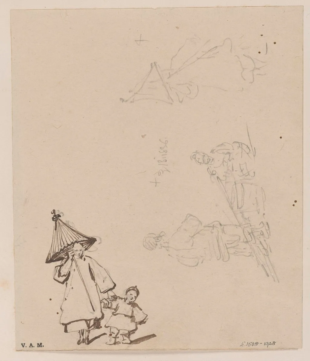 A boatwoman with child and parasol, and a porter, by George Chinnery, 15