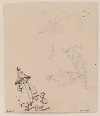 A boatwoman with child and parasol, and a porter, by George Chinnery, 15