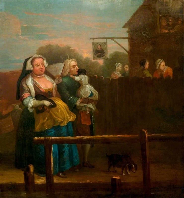 New River at Islington with a Family Going Awalking, a Cow Milking, and the Horns Archly Fixed over the Husband's Head (decorative painting for a supper-box at Vauxhall Gardens, London), detail