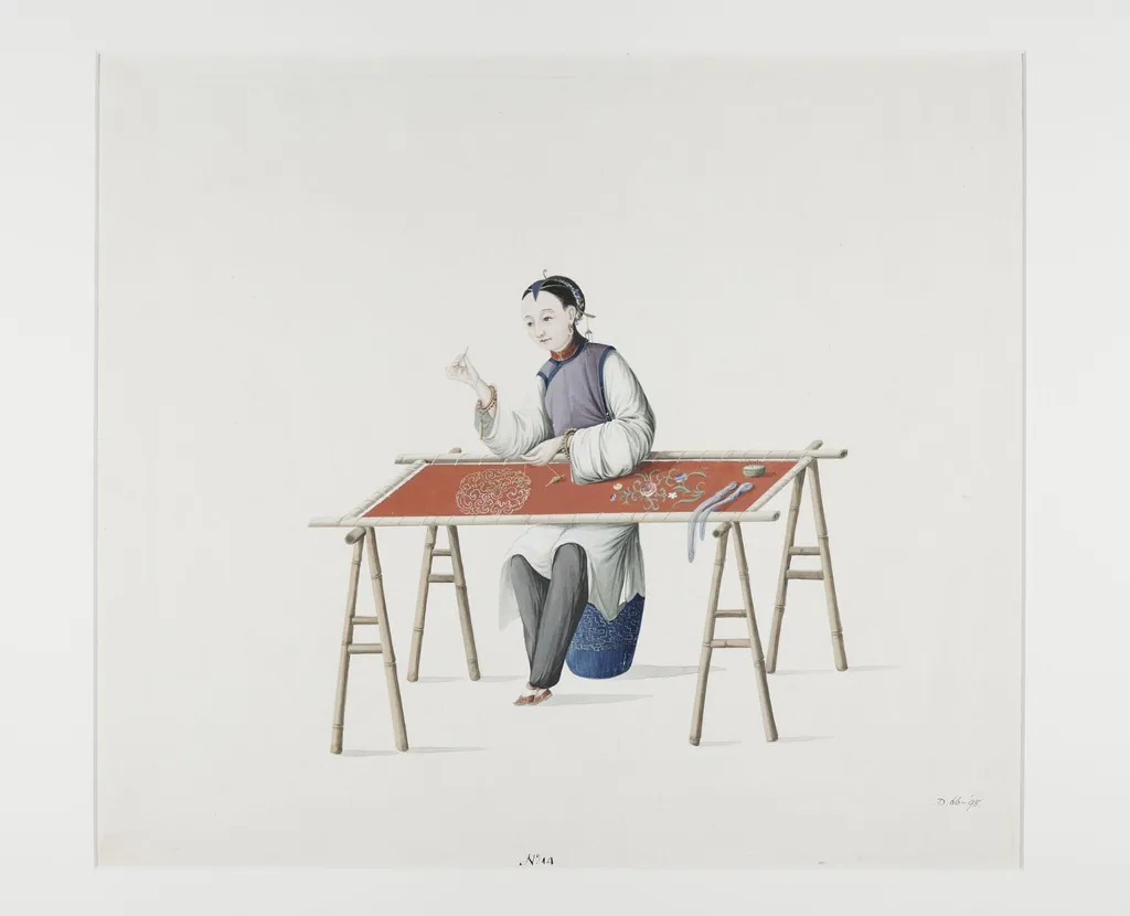 Woman Embroidering, by Puqua, paint, 1790
