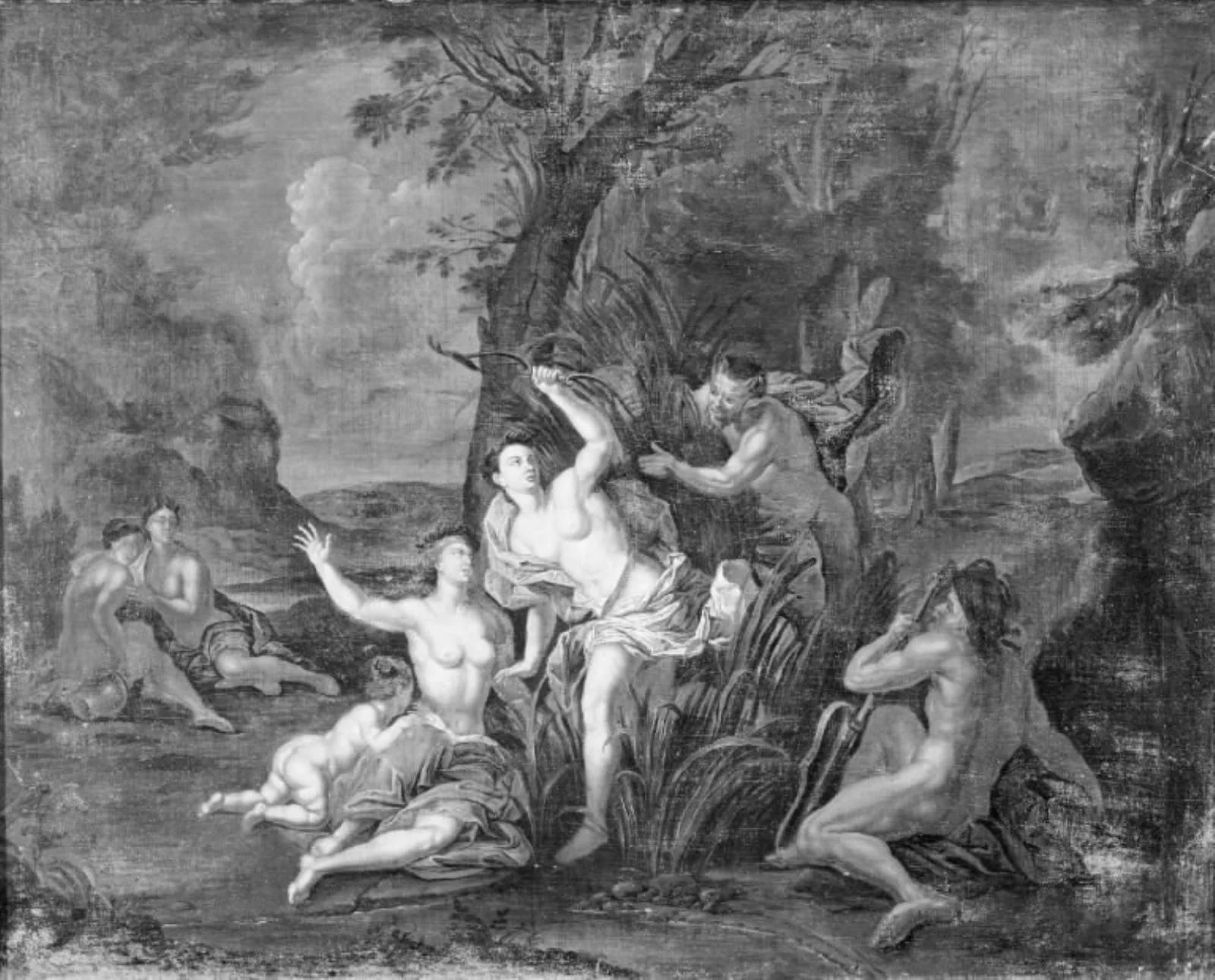 Nogle nymfer overraskes af en satyr. Ved siden sidder en flodgud, detail