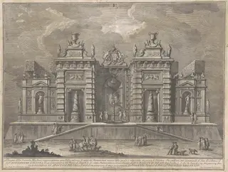 The Seconda Macchina for the Chinea of 1774: A Villa with Ancient Monuments and a Game of "Giostra", by Giuseppe Vasi, ink, 1774