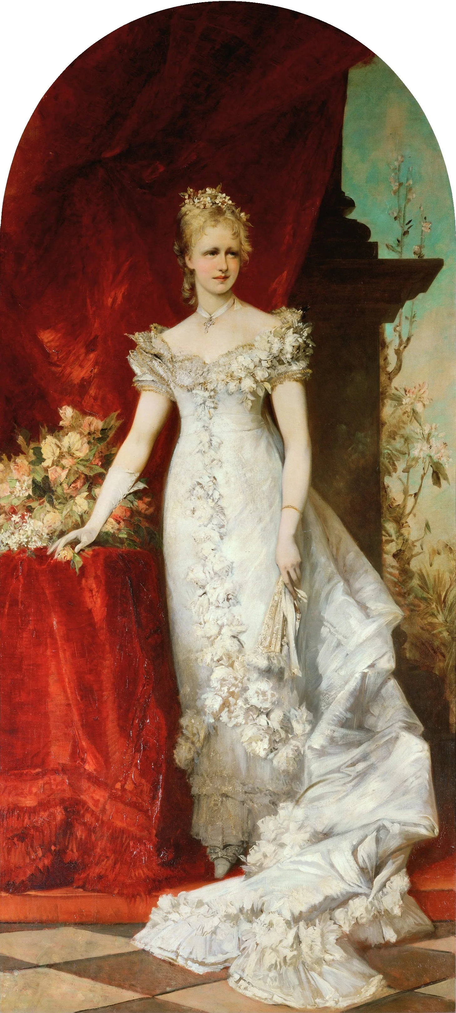Kronprinzessin Stephanie (1864-1945) in einer Ballrobe aus hellem Satin, detail