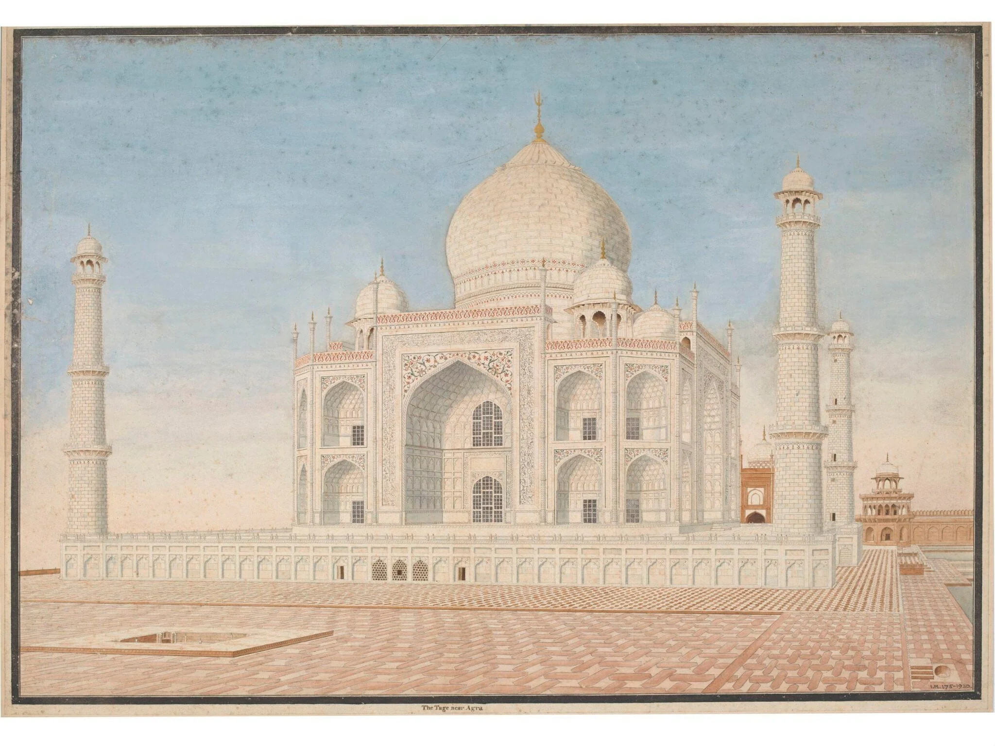 Elevation of the east side of the Taj Mahal, Agra, with part of the surrounding tiled terrace and water-tank in the foreground., detail