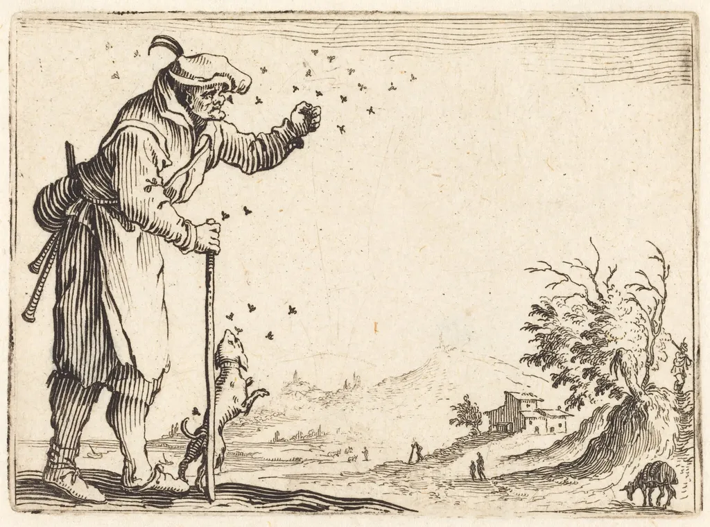 Peasant Attacked by Bees, by Jacques Callot, ink, 1622