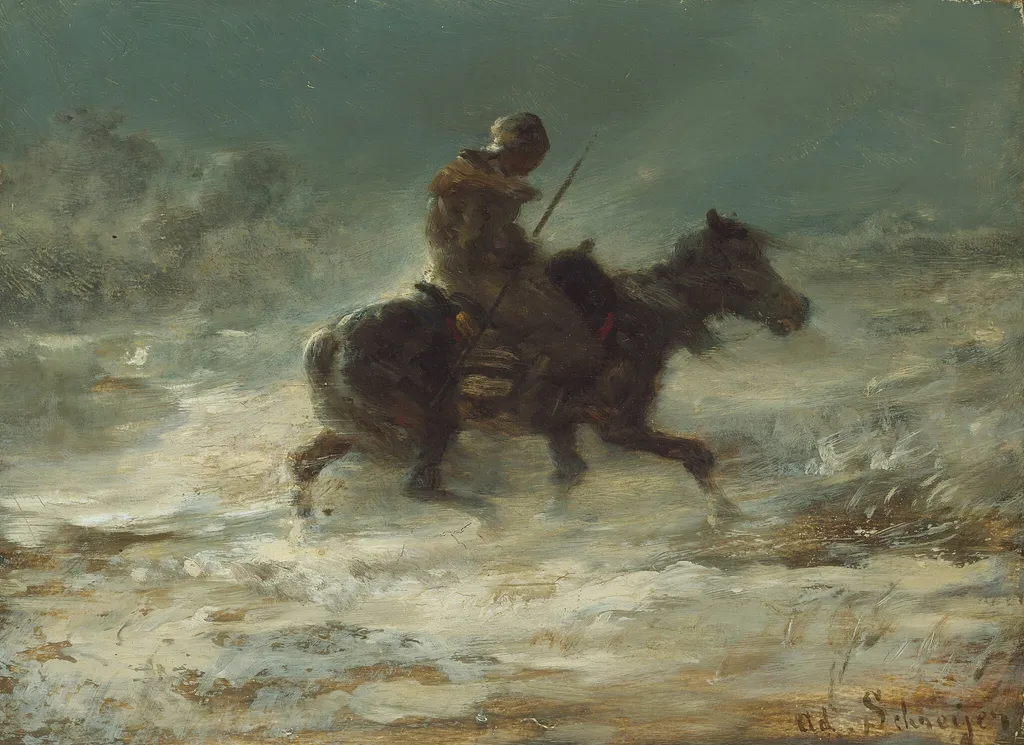 Man with Lance Riding through the Snow, by Adolf Schreyer, oil, 1880