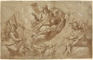 God the Father and Angels on Clouds, by Raffaello Motta, ink, 1564