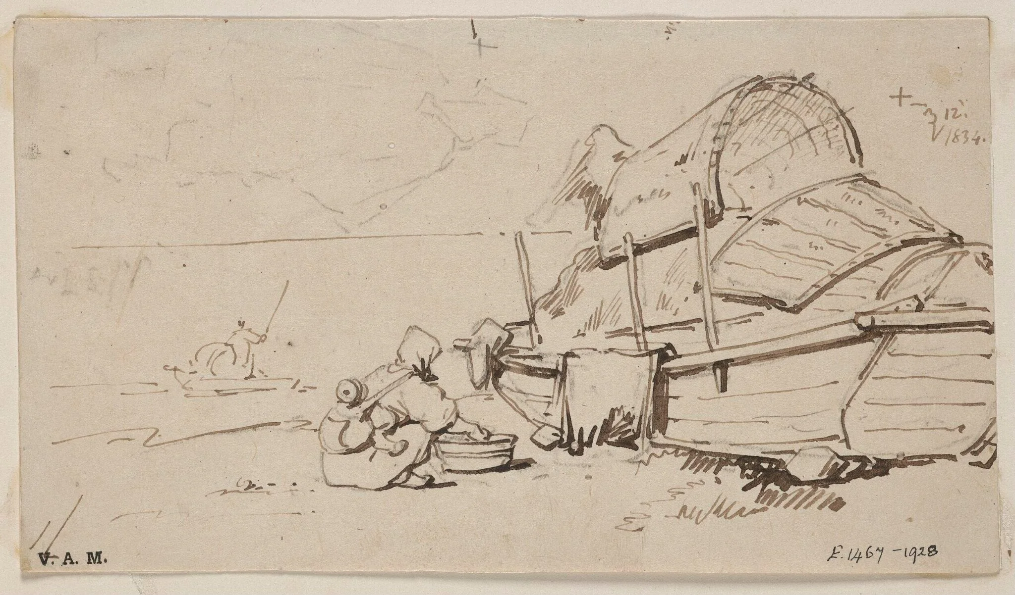 A boatwoman and child beside a beached Tanka boat, detail