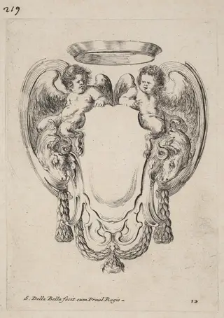 Cartouche with Rams and Infant Satyrs, by Stefano Della Bella, ink, 1647