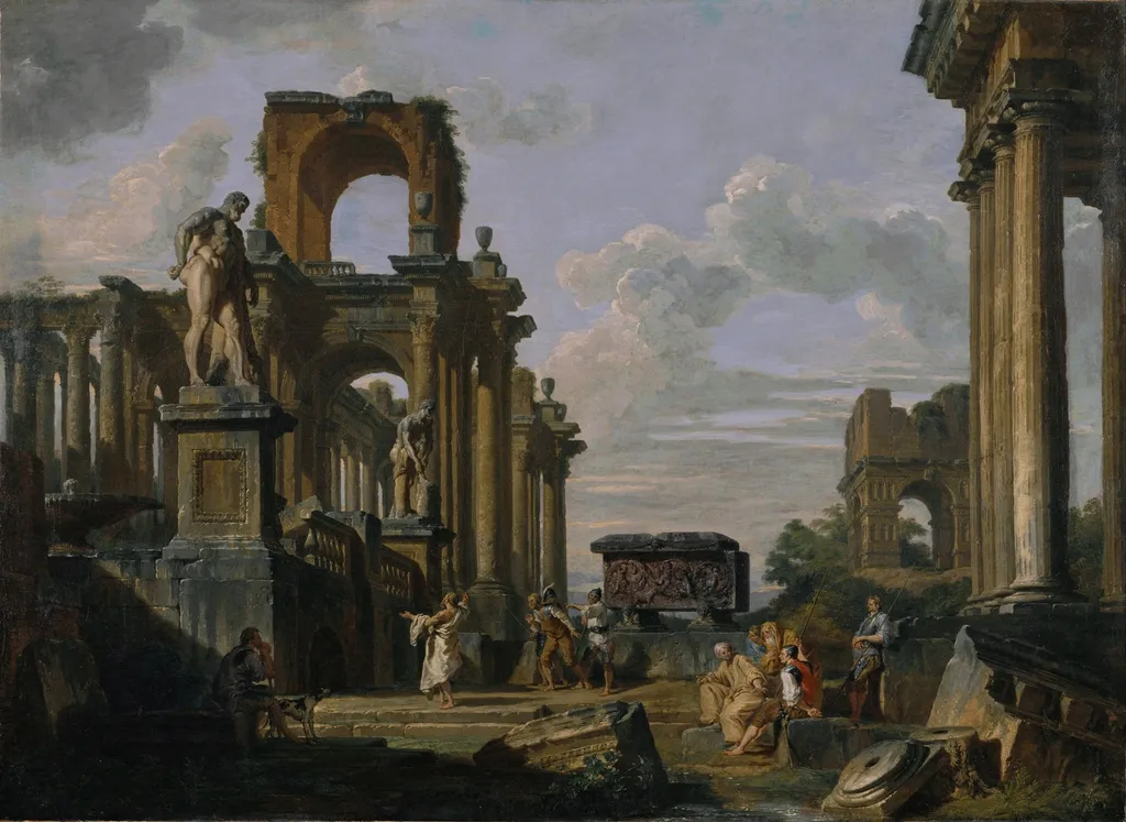 An Architectural Capriccio of the Roman Forum with Philosophers and Soldiers among Ancient Ruins, including the Arch of Janus Quadrifrons, the Sarcophagus of Santa Constanza, the Farnese Hercules and the Cincinnatus, by Giovanni Paolo Panini, unspecified, 1745