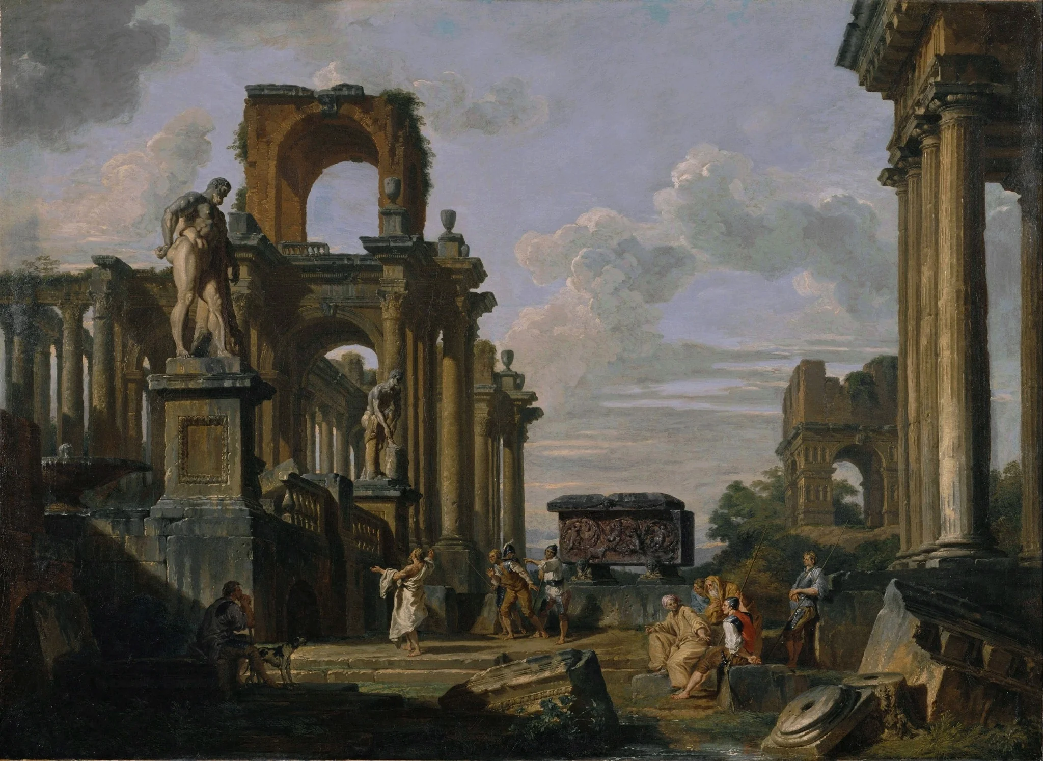 An Architectural Capriccio of the Roman Forum with Philosophers and Soldiers among Ancient Ruins, including the Arch of Janus Quadrifrons, the Sarcophagus of Santa Constanza, the Farnese Hercules and the Cincinnatus, detail
