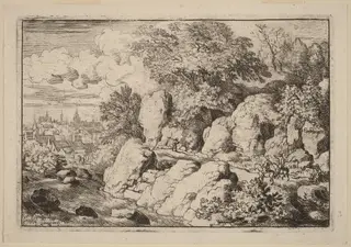 Two Horsemen on a Rocky Path, by Allart van Everdingen, ink, 1650