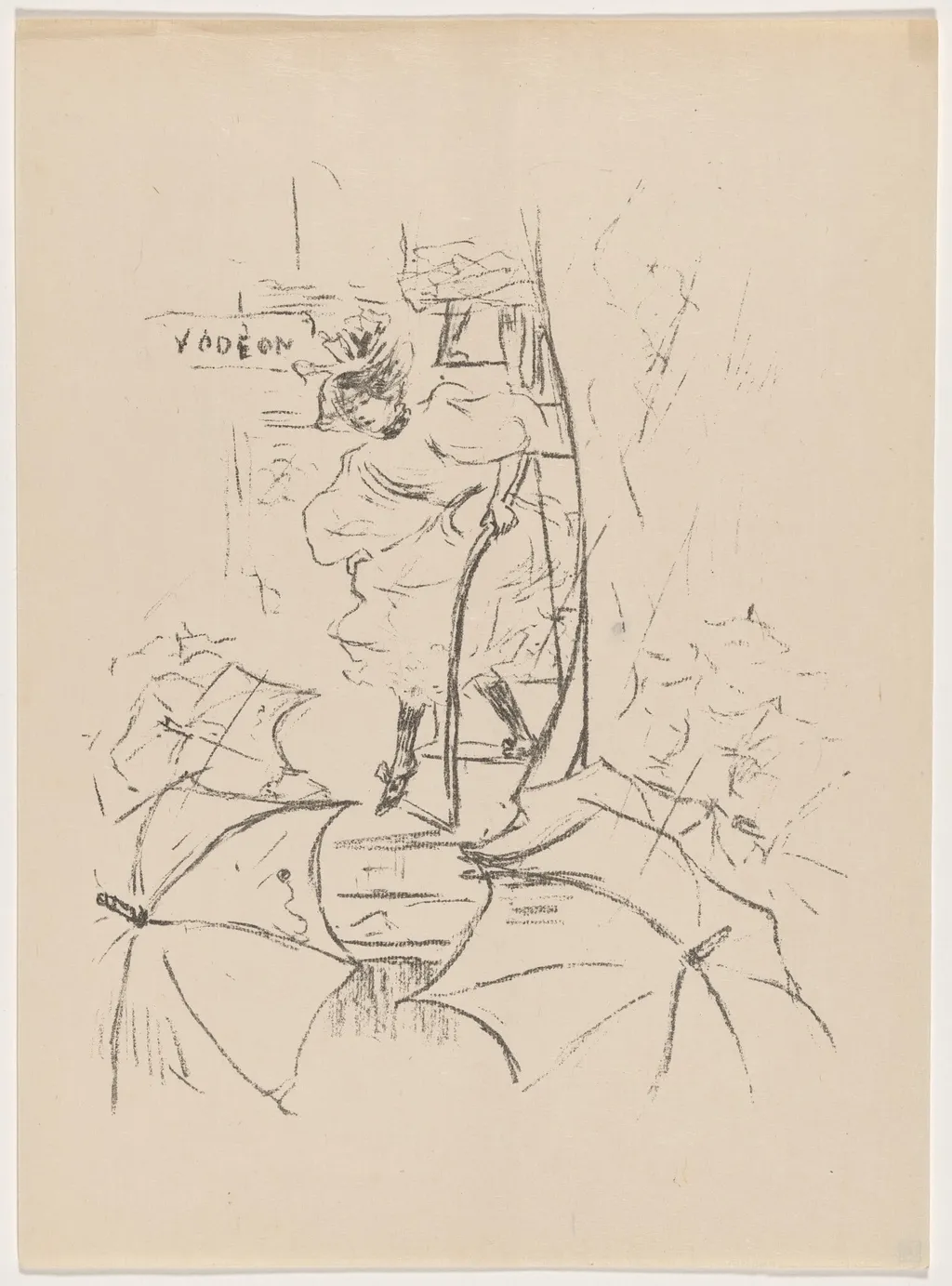 untitled (Woman descending onto a street of umbrellas), by Paul Edouard Crébassa, ink, 1895