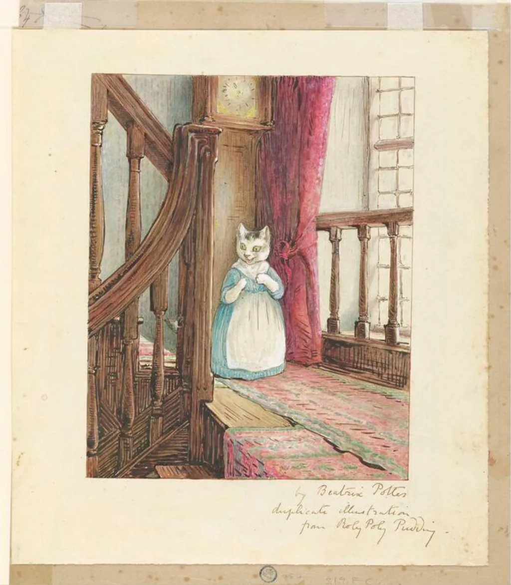 Variant illustration of Mrs. Tabitha Twitchit standing on a staircase landing, by Beatrix Potter, watercolor, 1908