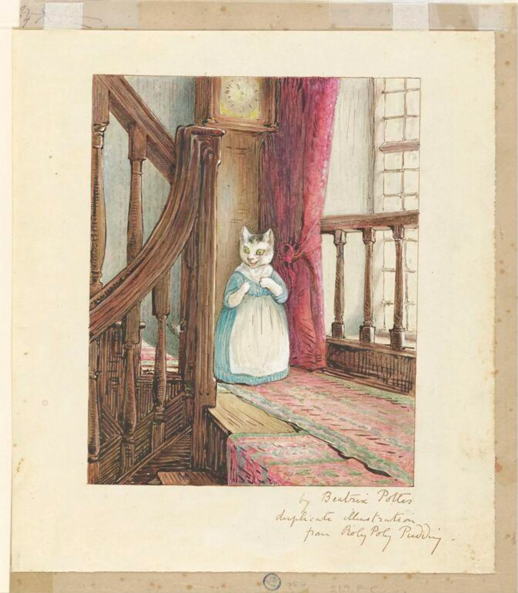 Variant illustration of Mrs. Tabitha Twitchit standing on a staircase landing, detail