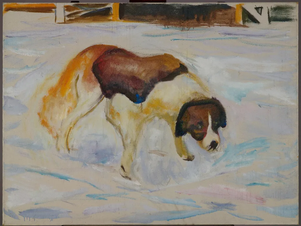 St. Bernhard Dog in Snow, by Edvard Munch, oil, 1913