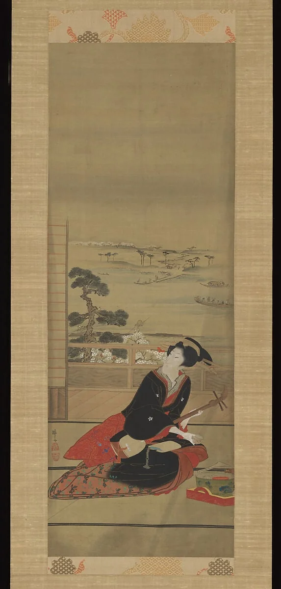 蹄斎北馬筆 三味線持つ美人図|Female Entertainer with Shamisen, detail