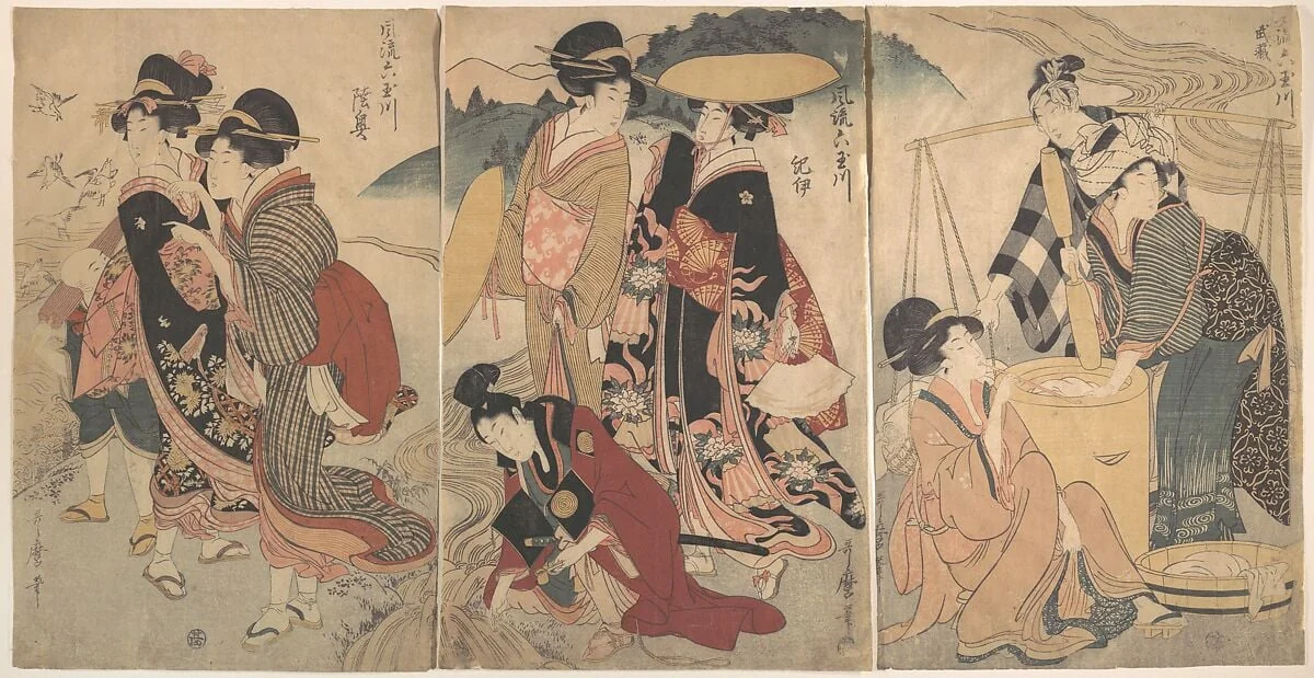 風流六玉川 武蔵 紀伊 陸奥|Women and a Man in the Country; Some pageant(?), detail