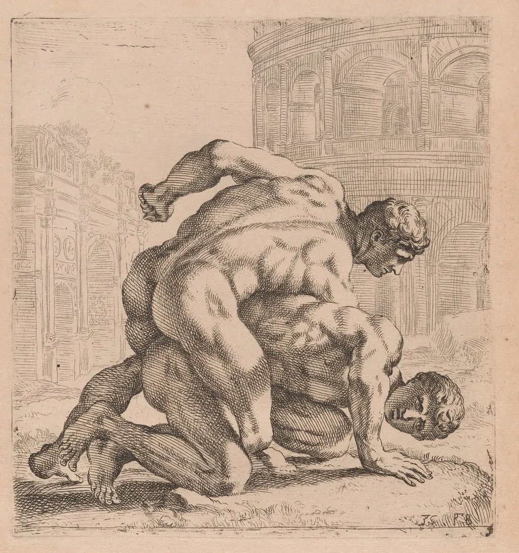 The Medici Wrestlers, side view, turned to right [plate 35], by François Perrier, ink, 1638