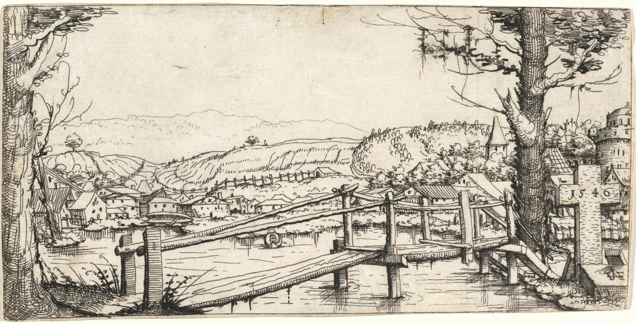 River Landscape with a Footbridge, detail