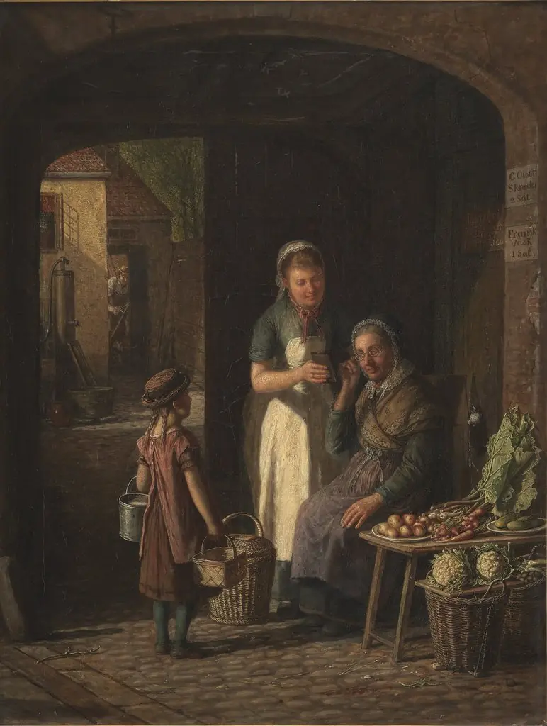 En tjenestepige viser sin kærestes portræt til en grønthandlerske, by David Monies, oil, 1890