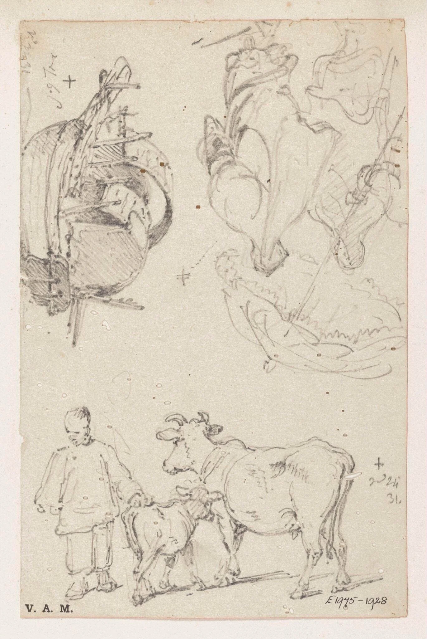 A cow and calf, a Tanka boat, and a Macanese woman and servant, detail