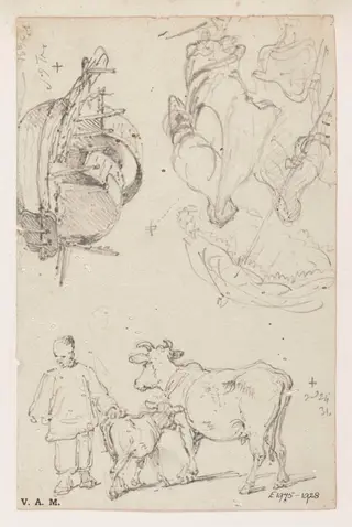 A cow and calf, a Tanka boat, and a Macanese woman and servant, by George Chinnery, 14