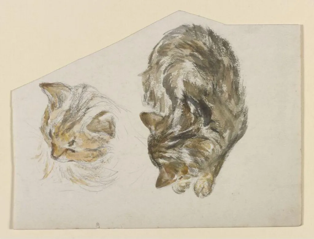 A kitten sleeping; head of a kitten, by Beatrix Potter, watercolor, 1850