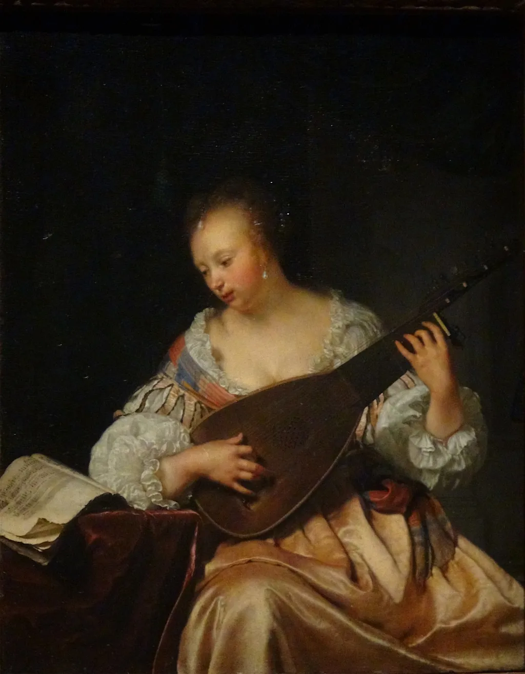 A Woman Playing a Lute, by Frans van Mieris the Elder, oil, 1663